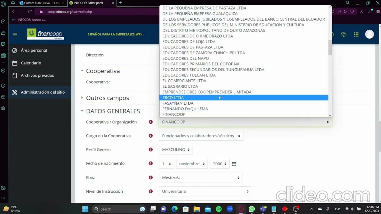 Modificación del correo y teléfono